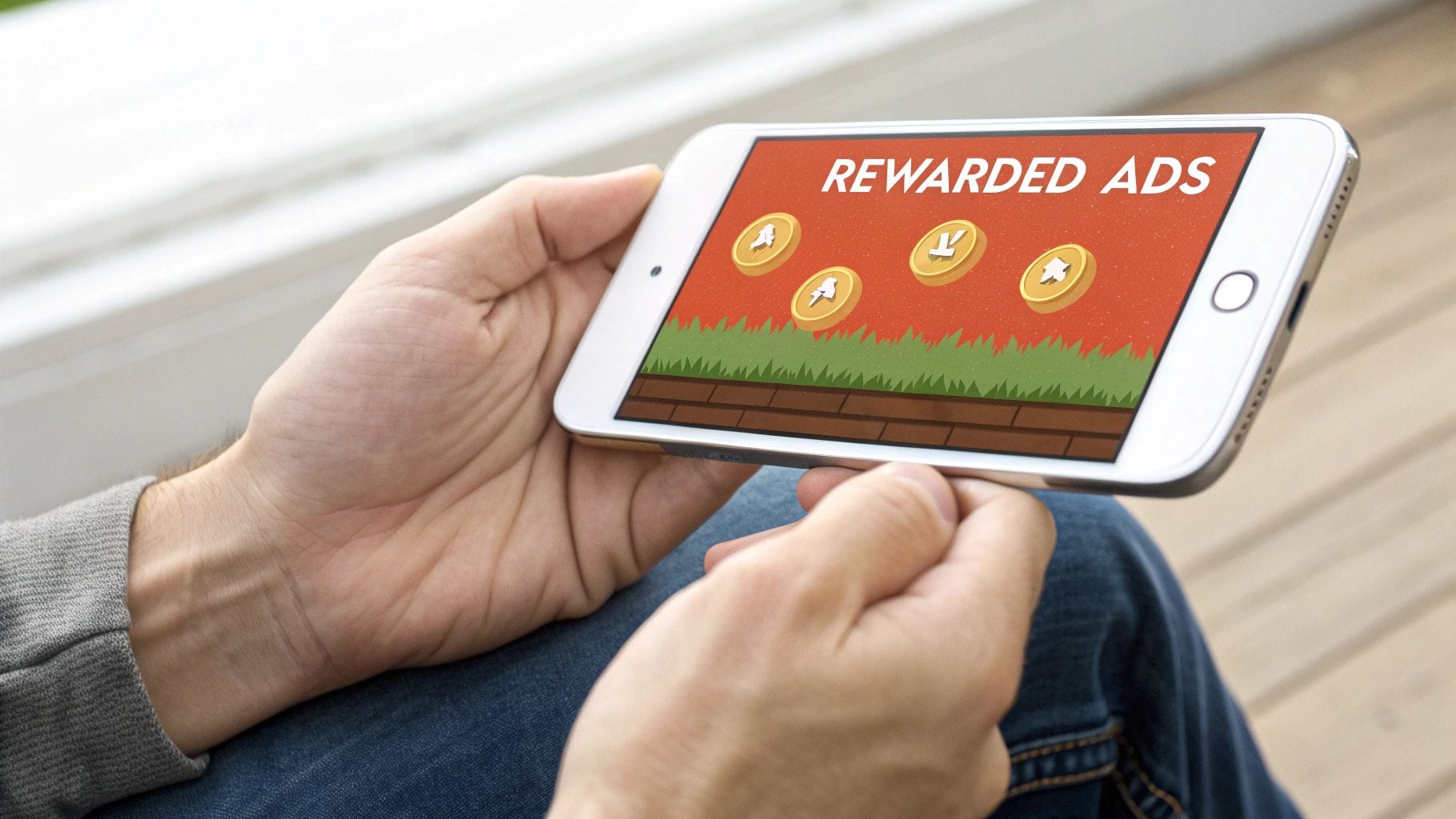 A person holding a smartphone displaying a screen that reads "REWARDED ADS," with virtual coins and a green landscape in the background. The setting appears casual and relaxed.