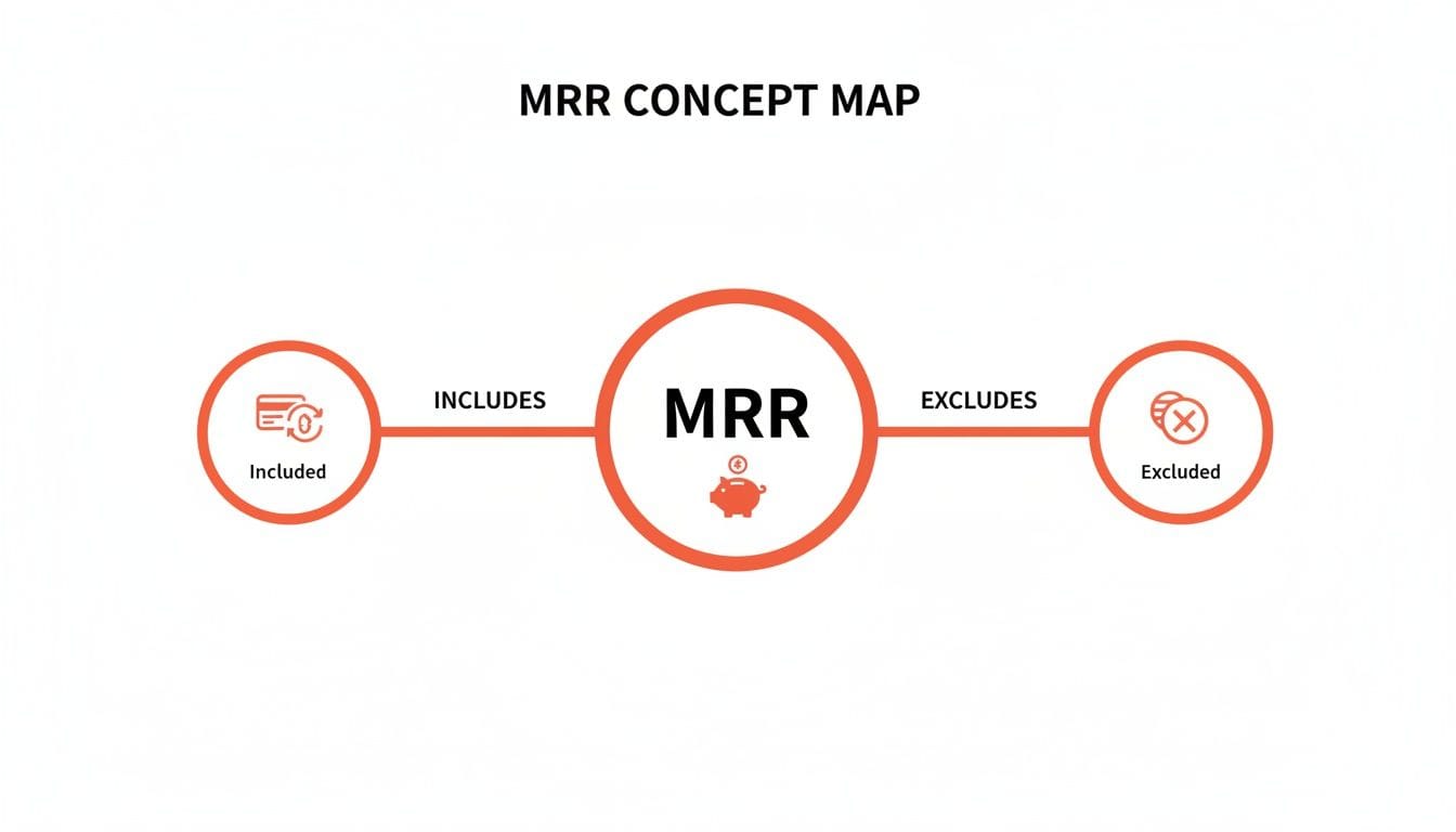 Concept map showing "MRR" in the center, connected by lines to "Includes" and "Excludes," with icons representing included (checkmark) and excluded (cross) items.