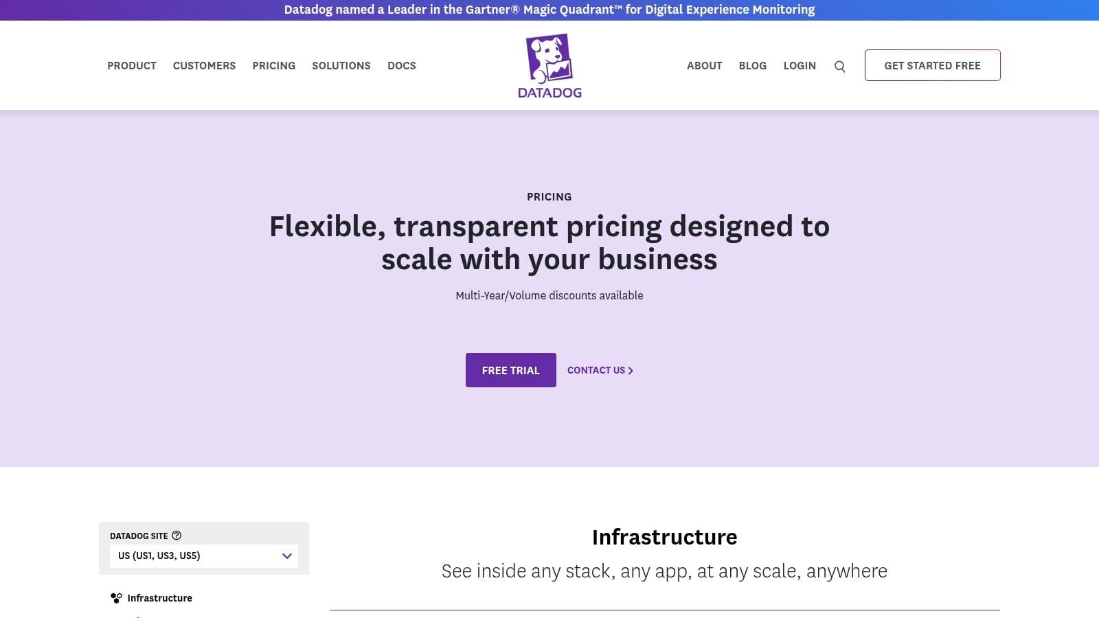 Datadog's pricing page displays a light purple background with the text, "Flexible, transparent pricing designed to scale with your business," and buttons for a free trial and contact option
