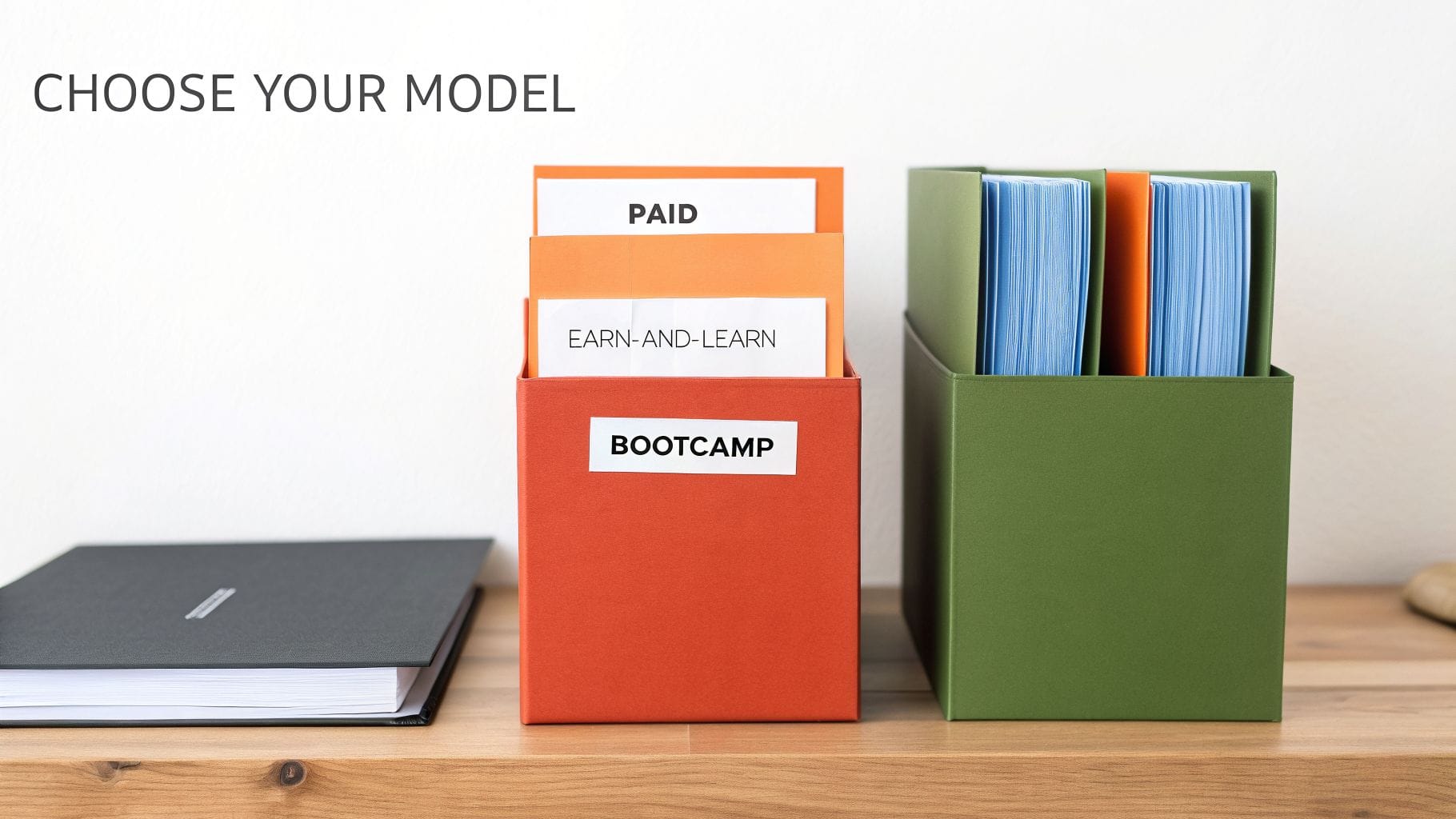 Three labeled file boxes on a wooden surface: red box with "BOOTCAMP," orange tabs for "PAID" and "EARN-AND-LEARN," and a green box with blue and orange folders.