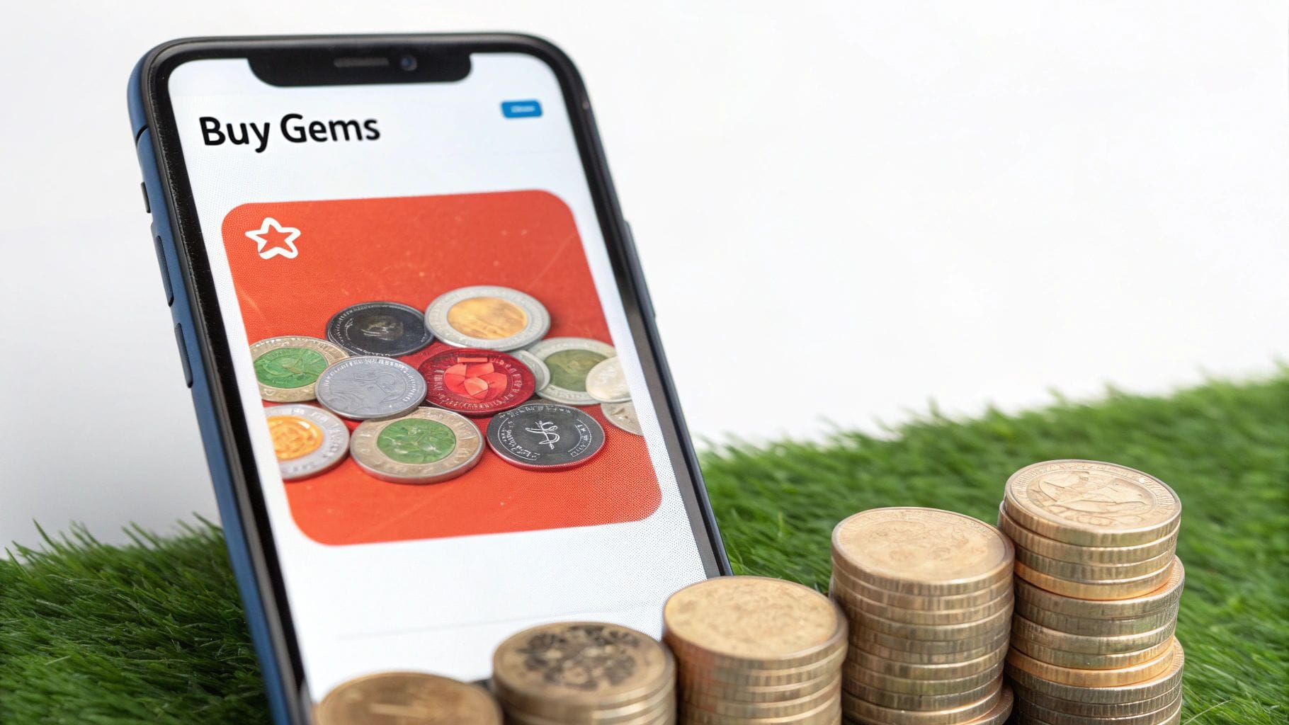 A smartphone displays a "Buy Gems" screen showing various colorful virtual coins on an orange background. Stacks of metallic coins rest on a grassy surface in the foreground.