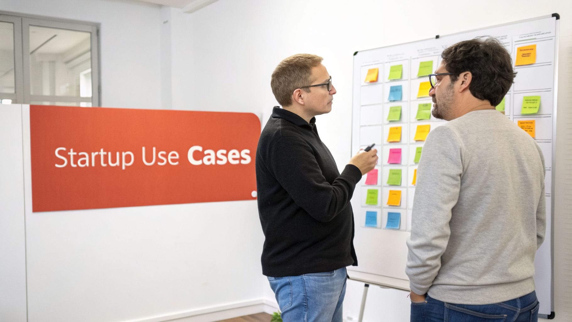 Two men discuss ideas in front of a whiteboard covered with colorful sticky notes, with a large sign reading "Startup Use Cases" visible in the background.