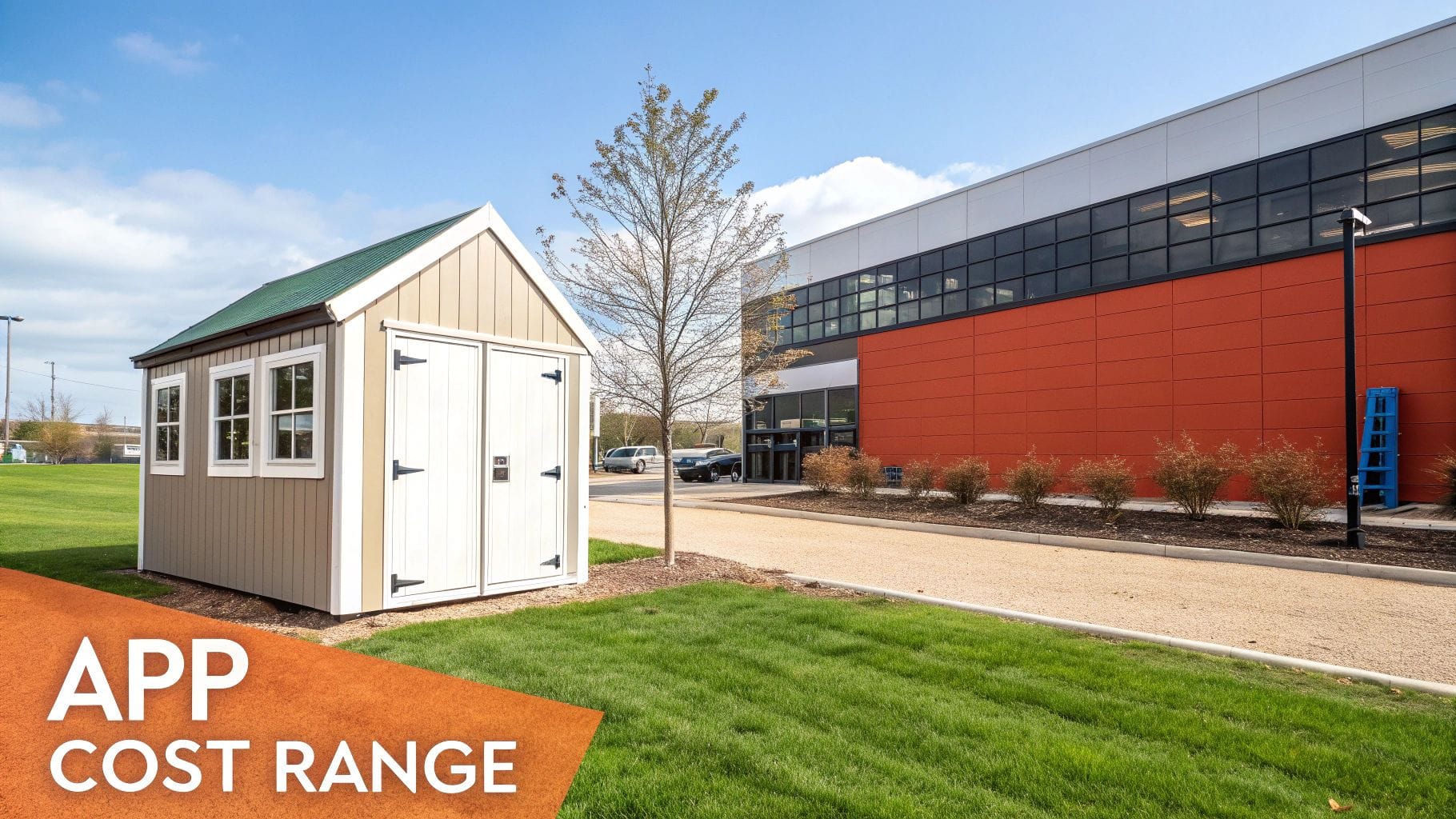 A small, light-colored shed with a green roof sits on grass next to a modern building with an orange and gray exterior. The text "APP COST RANGE" is prominently displayed in white and orange