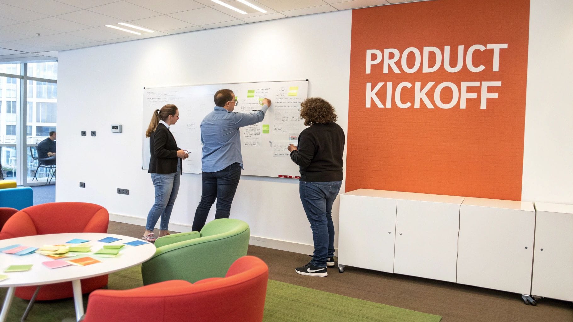 Three professionals collaborate at a whiteboard filled with notes and diagrams. In the background, an orange wall displays the text "PRODUCT KICKOFF." Colorful seating is visible in the fore