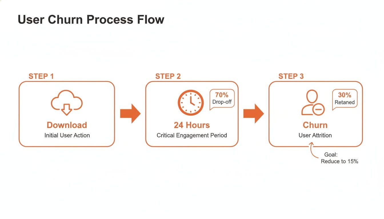 Flowchart illustrating the user churn process with three steps: Download (initial user action), 24 Hours (70% drop-off in engagement), and Churn (30% retained, goal to reduce to 15%).