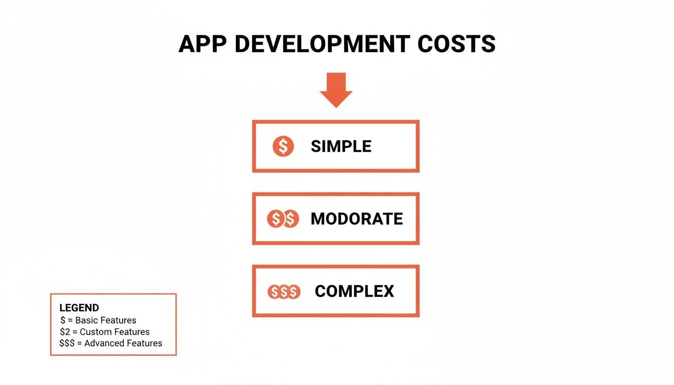 The graphic outlines app development costs with three levels: Simple, Moderate, and Complex, each marked with increasing dollar signs. A legend explains the cost indicators.
