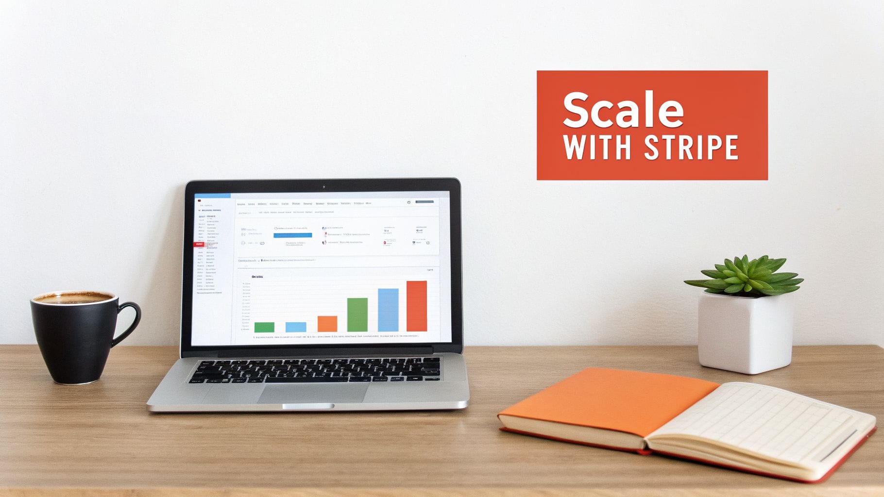A laptop displaying a financial dashboard with bar charts sits on a wooden desk, accompanied by a black coffee cup, an orange notebook, and a small green succulent in a white pot.