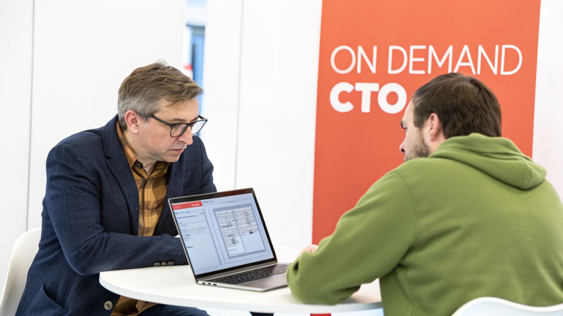 Two men sit at a round table, focused on a laptop displaying text. One man wears a blue blazer and glasses, while the other wears a green hoodie. An "ON DEMAND CTO" banner is in the backgrou