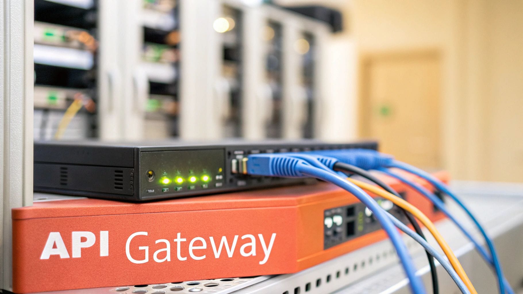 A close-up of an API gateway device with glowing green indicator lights and blue cables connected. It sits on a rack among multiple computer servers in the background.