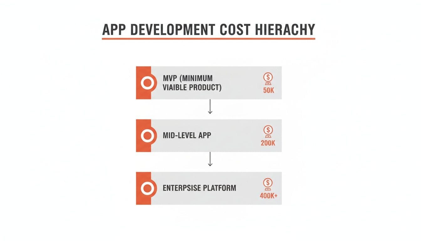 Graphic showing app development cost hierarchy with three sections: MVP (Minimum Viable Product) at $50K, Mid-Level App at $200K, and Enterprise Platform at $400K+.