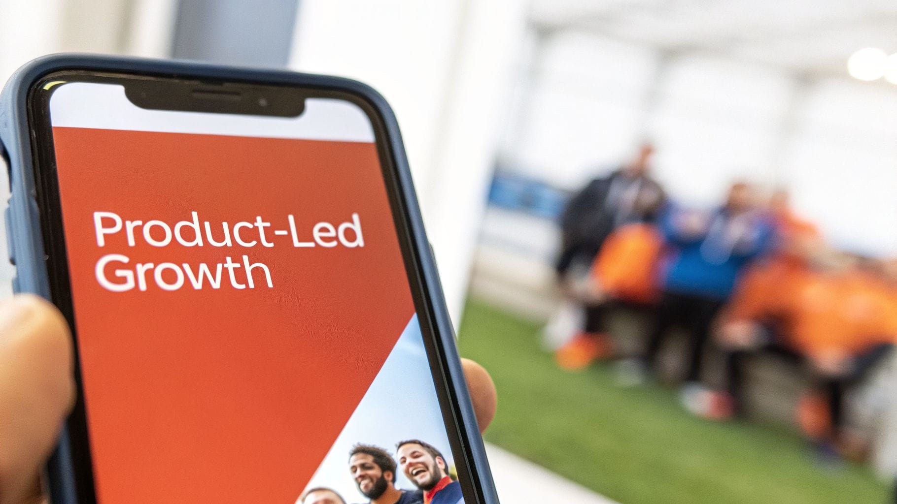 A hand holds a smartphone displaying the text "Product-Led Growth" on a vibrant red background. Blurred figures in orange and blue outfits sit in the background.