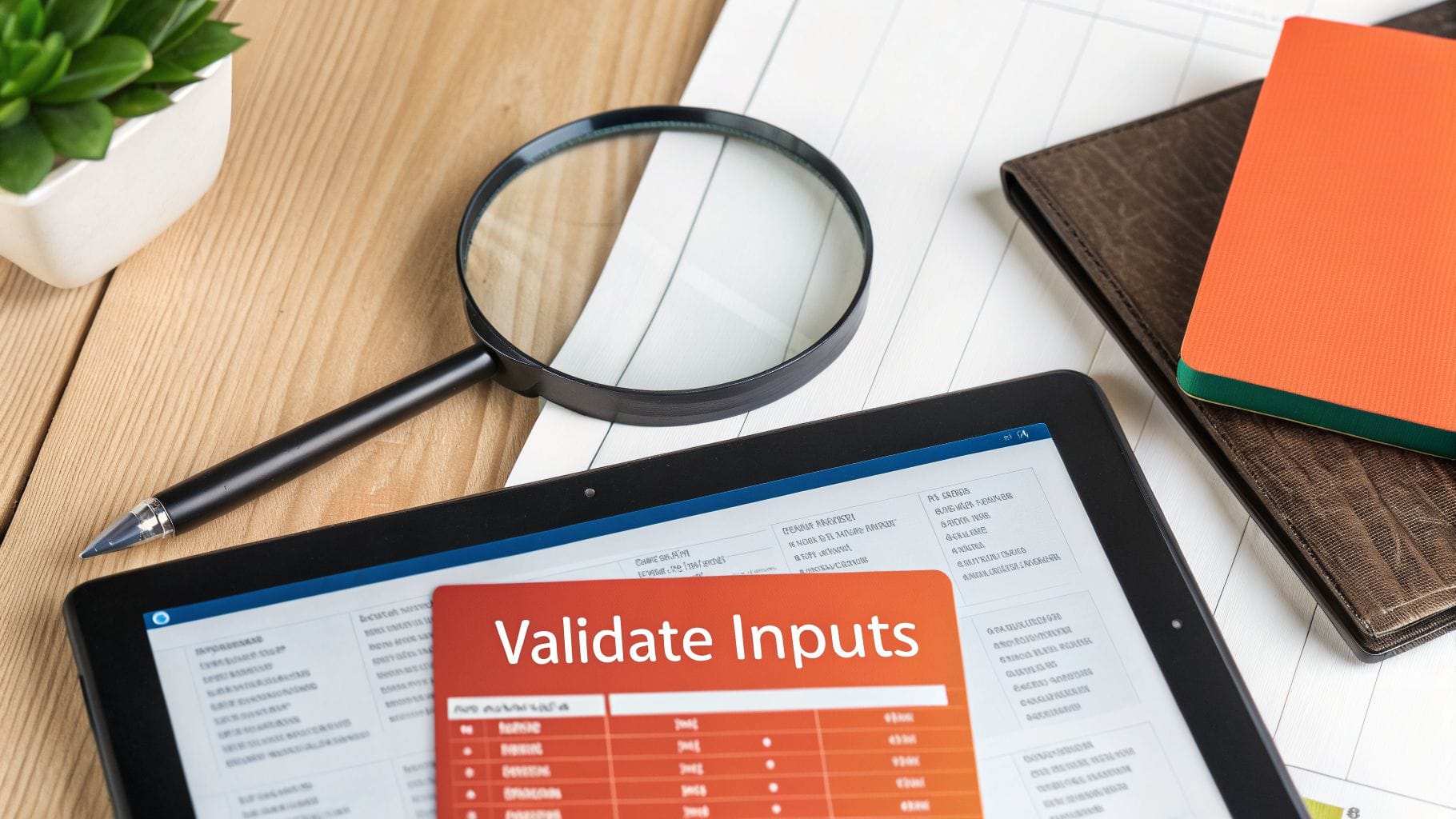 A tablet displays the text "Validate Inputs" alongside a table of data. Nearby, a magnifying glass, a black pen, potted plant, and two notebooks in orange and brown are visible on a wooden s