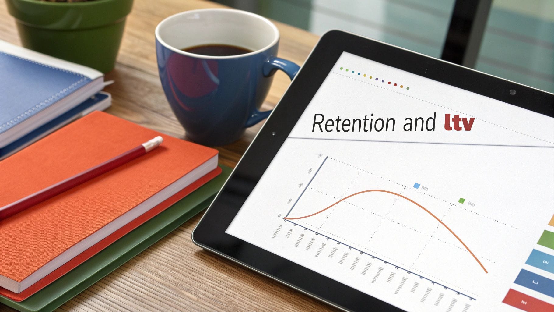A tablet displaying a graph titled "Retention and LTV" sits on a wooden desk. Nearby are a blue mug of coffee, a green plant, and several stacked notebooks in orange, green, and blue.