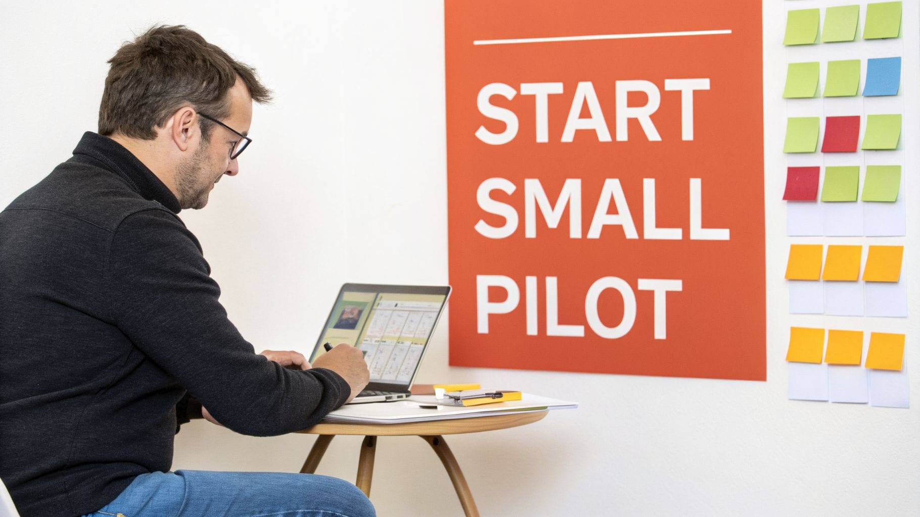 A person sitting at a small table, working on a laptop. A large orange sign reads "START SMALL PILOT," and colorful sticky notes are displayed on the wall nearby.