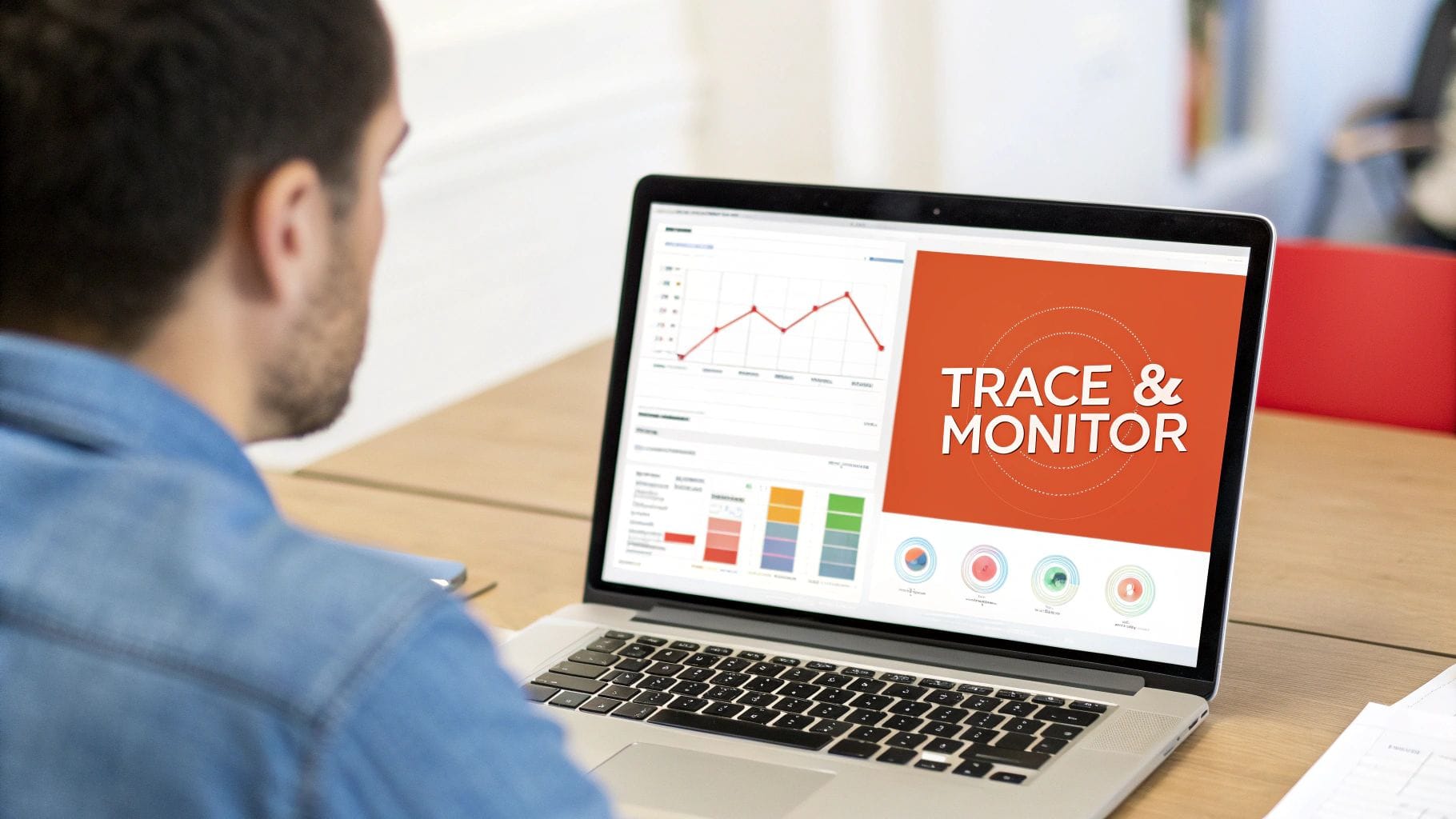 A person with short hair is seated at a desk, looking at a laptop displaying graphs and charts with the text "TRACE & MONITOR" in bold orange.