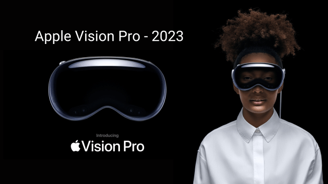 A person with curly hair wears a sleek black headset, displayed next to the Apple Vision Pro logo and the text "Introducing Apple Vision Pro - 2023.