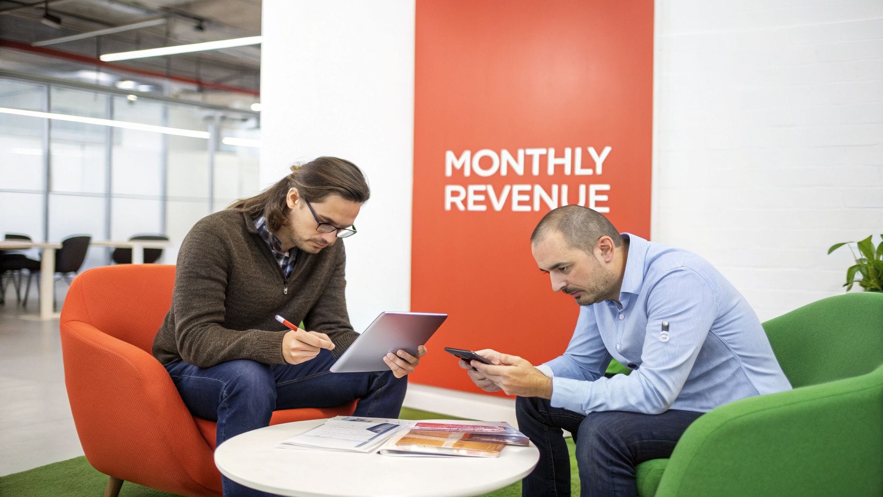 Two men are seated in a brightly colored lounge area, one using a tablet while the other looks at a smartphone. A wall in the background features the text "MONTHLY REVENUE.