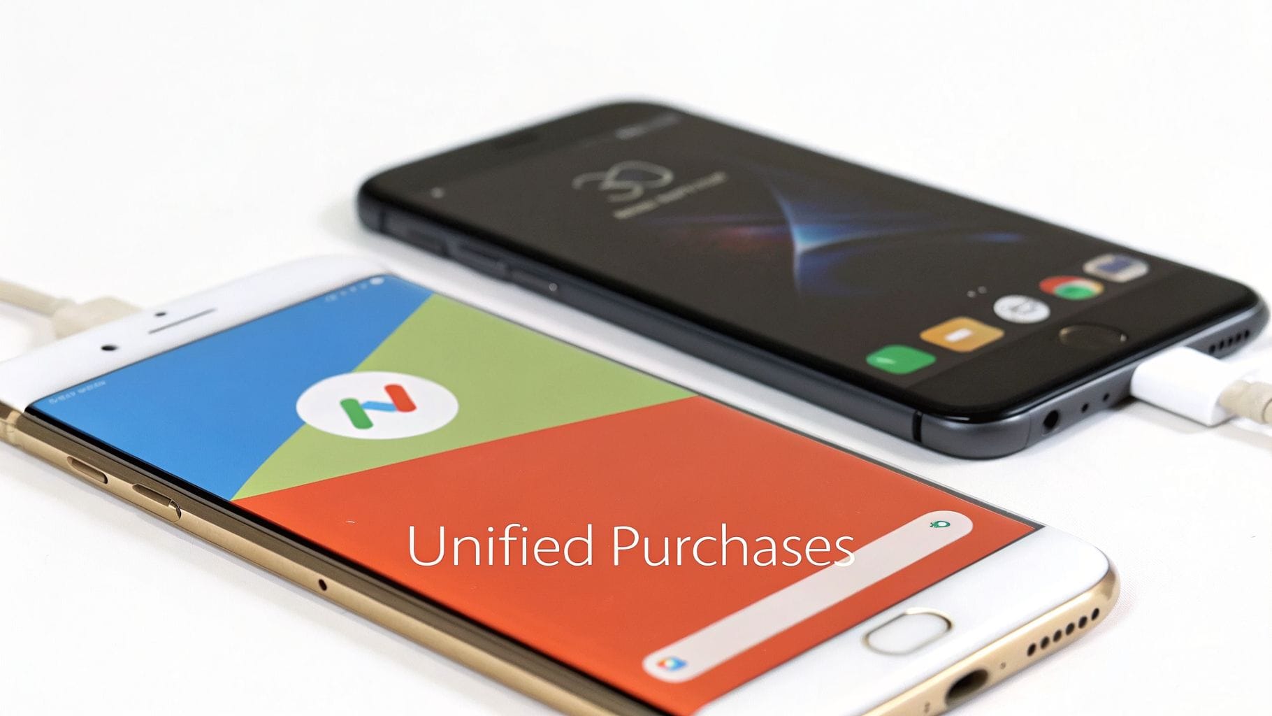 Two smartphones are displayed side by side on a white surface. One phone shows a colorful app interface with the words "Unified Purchases" prominently in the center.