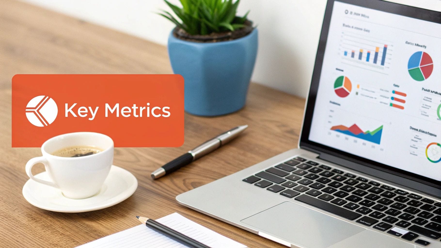 A laptop displays graphs and charts on a wooden desk, next to a cup of coffee on a saucer, a pen, and a small potted plant. A "Key Metrics" graphic is overlayed.