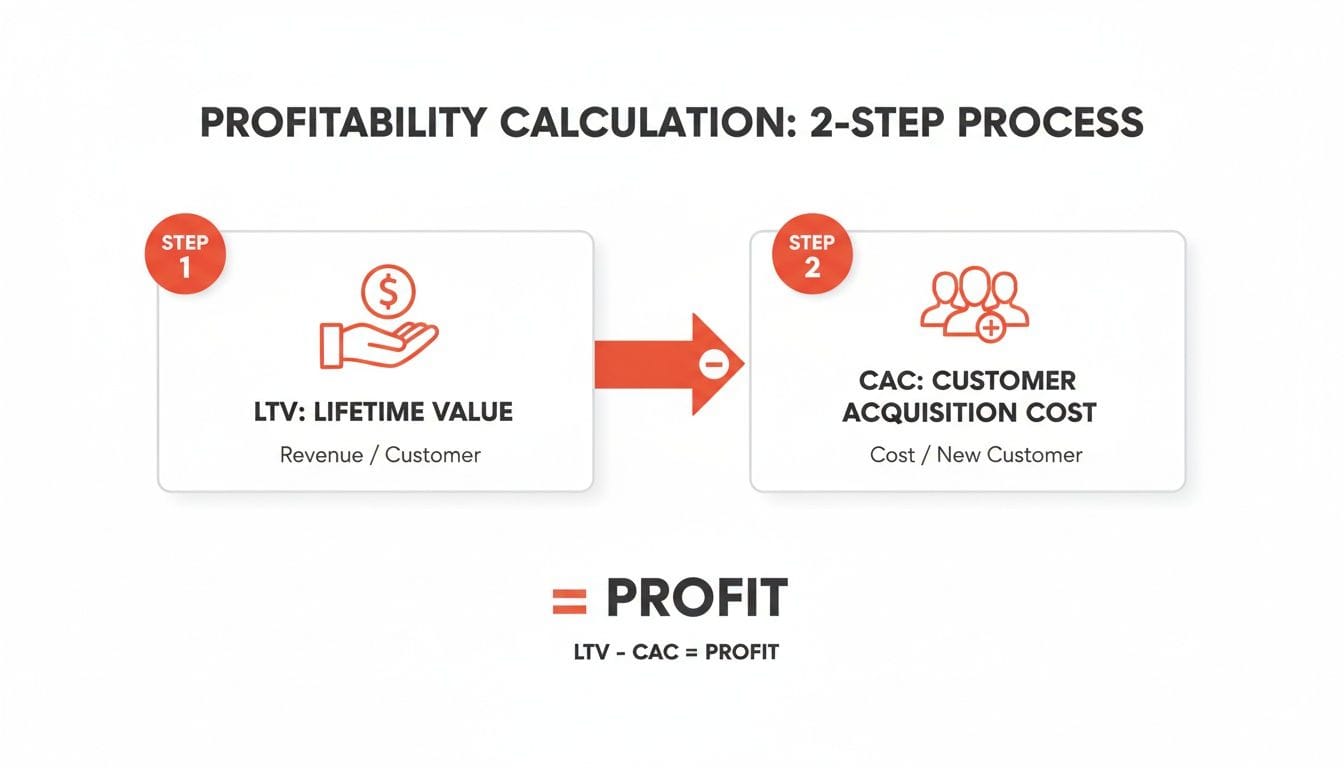 Flowchart illustrating a two-step process for profitability calculation, featuring LTV (Lifetime Value) and CAC (Customer Acquisition Cost), with arrows connecting the steps to the profit eq