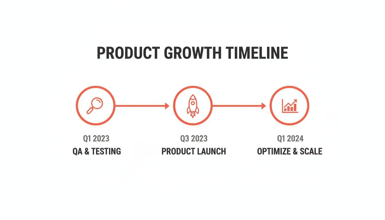 Product growth timeline illustrating three phases: QA & testing in Q1 2023, product launch in Q3 2023, and optimization & scaling in Q1 2024, accompanied by relevant icons.