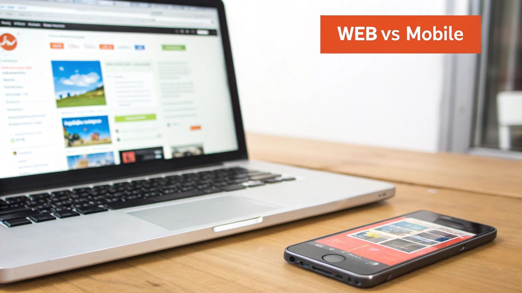 A laptop displaying a website is positioned next to a smartphone on a wooden table. An orange box labeled "WEB vs Mobile" is in the top right corner of the image.