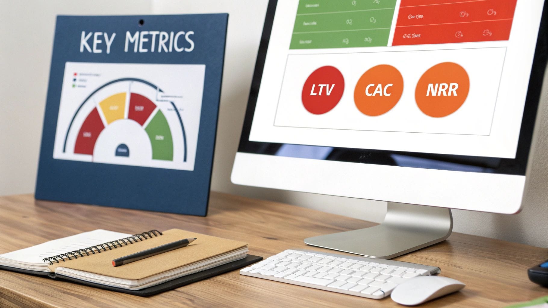 A computer monitor displaying key metrics with LTV, CAC, and NRR highlighted in circles. A chart titled "Key Metrics" with a gauge diagram is in the background, alongside a notebook and pen 
