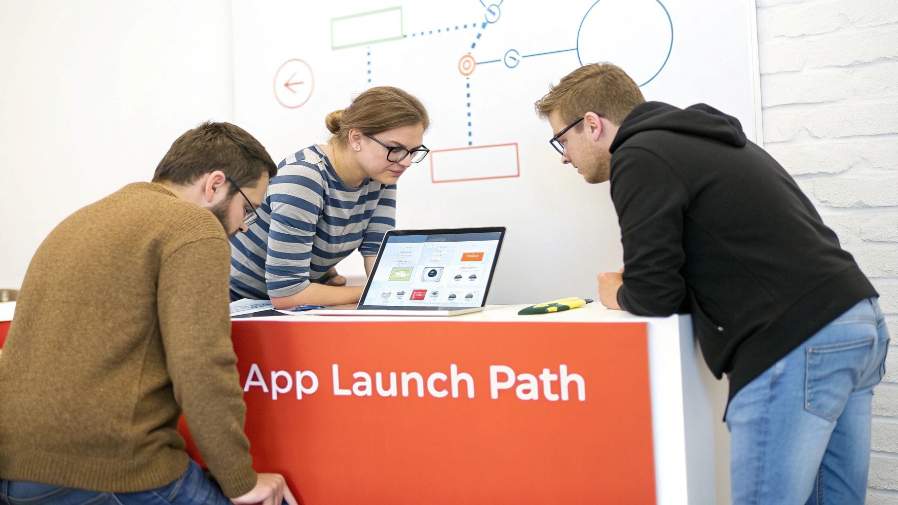 Three people collaborate around a laptop on a table labeled "App Launch Path," studying a mobile app interface, with colorful charts and diagrams on the wall behind them.