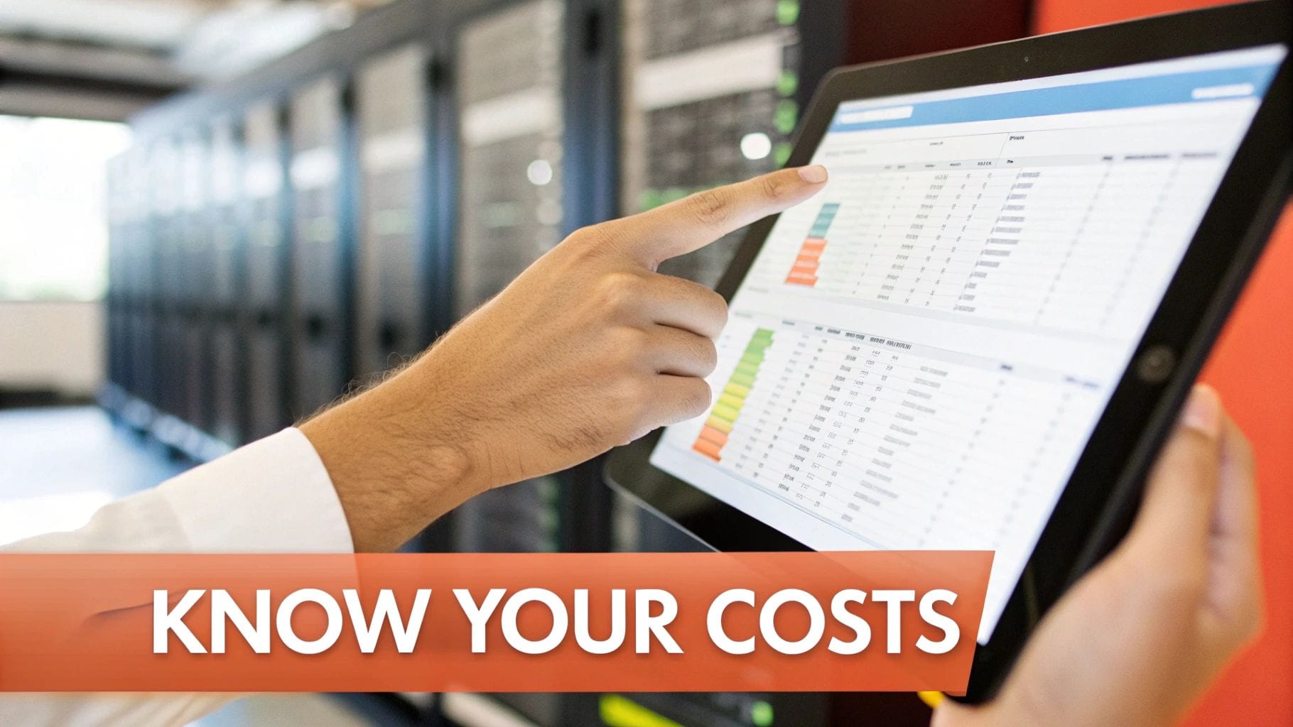 A person points at a tablet displaying a detailed spreadsheet of app-related data, while a row of data servers is visible in the background. The text "KNOW YOUR COSTS" overlays the image.
