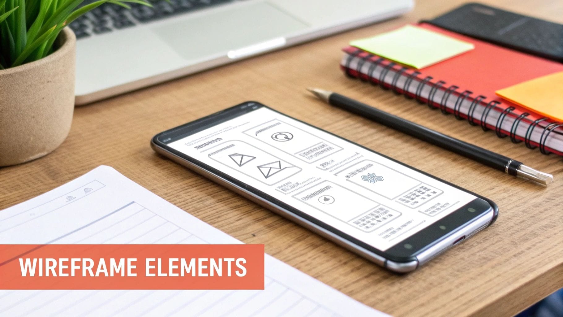 A smartphone displaying a mobile app wireframe rests on a wooden desk with a potted plant, notepad, pen, and colorful sticky notes, illustrating design elements for mobile apps.