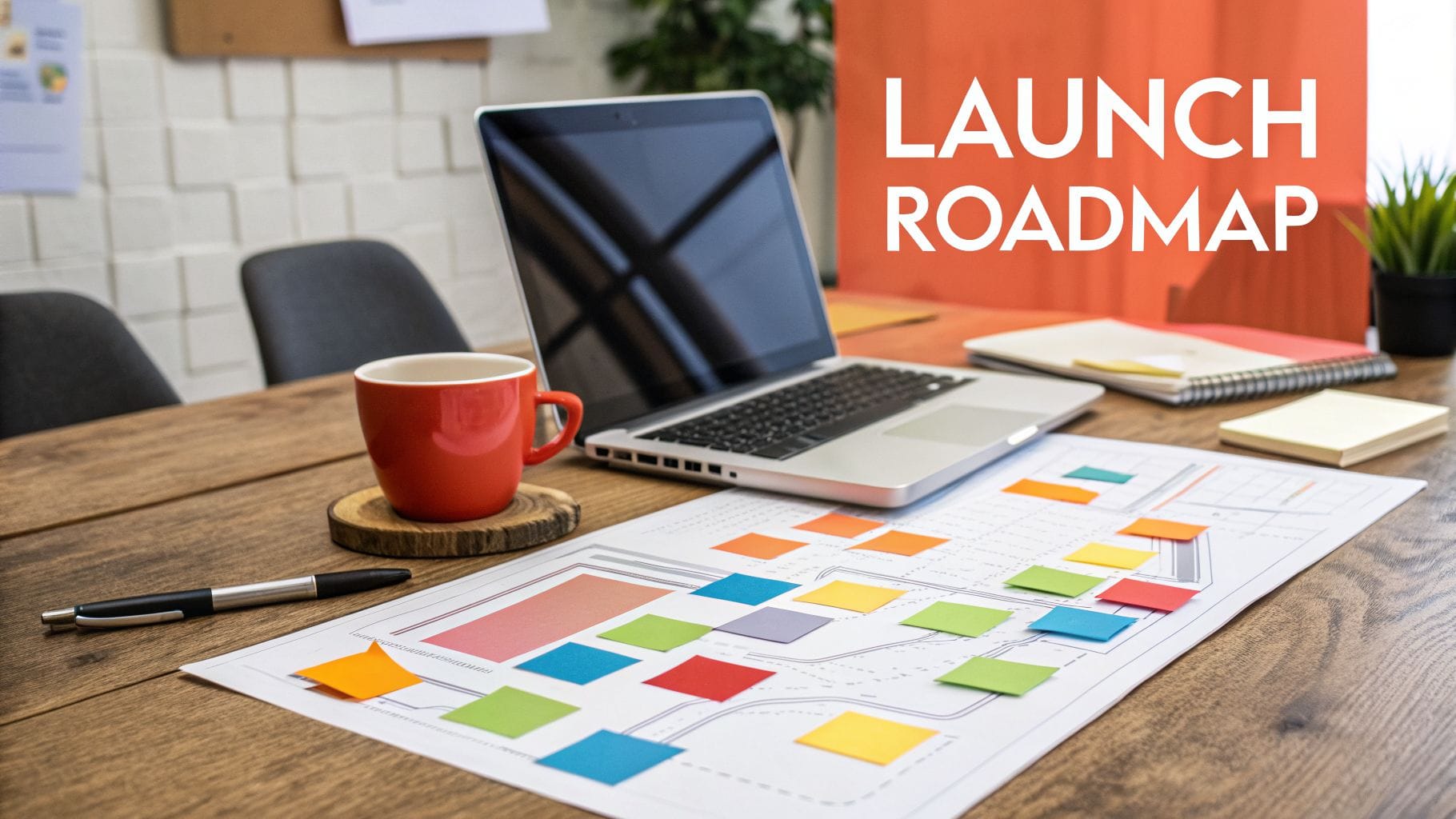 A wooden table features a laptop, a red coffee cup, and a colorful roadmap with sticky notes. Notebooks and sticky notes are also visible in the background.