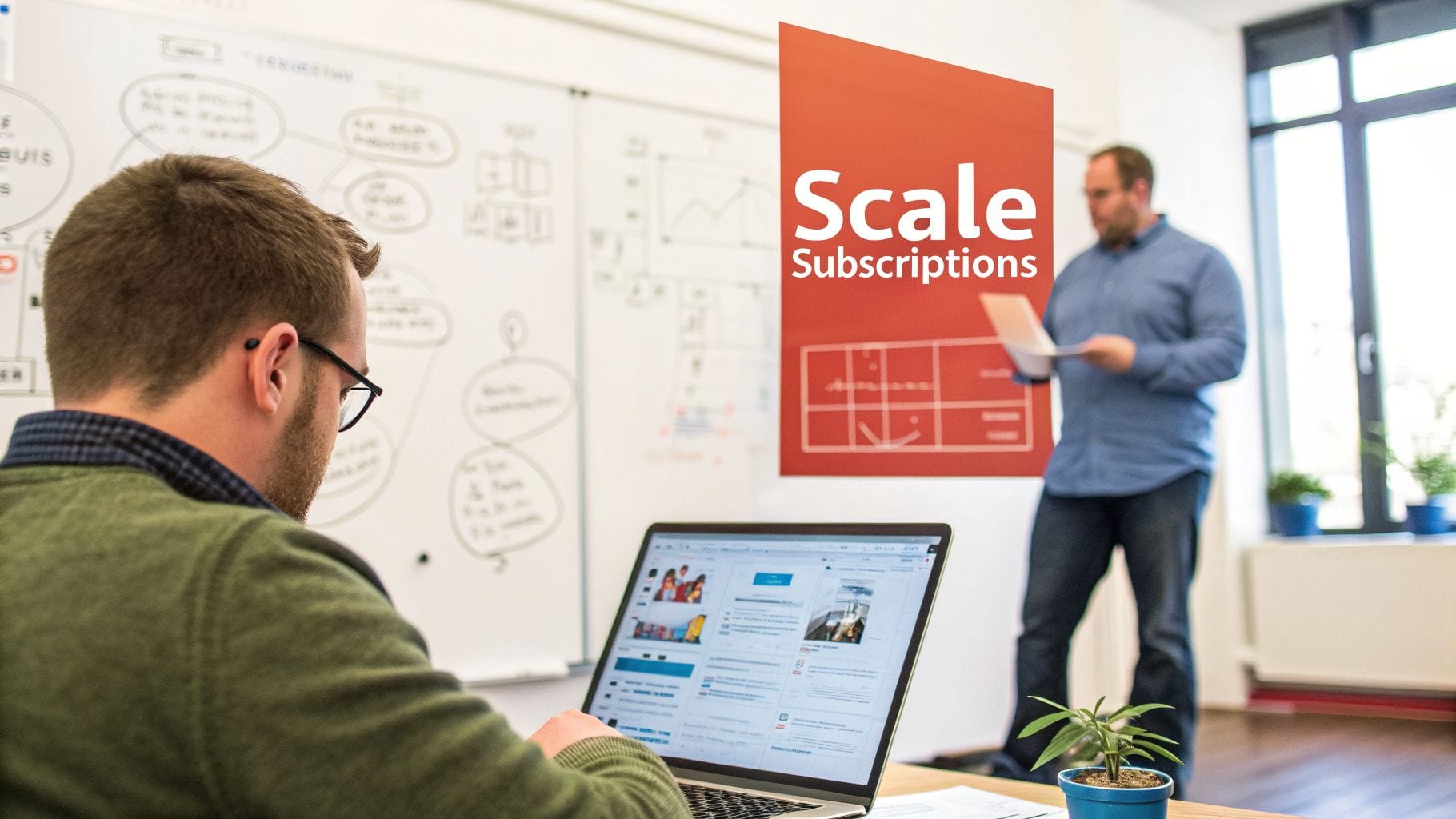 A person sits at a laptop, focusing on the screen, while another person stands nearby holding a document. A red sign in the background reads "Scale Subscriptions," with charts visible on a w