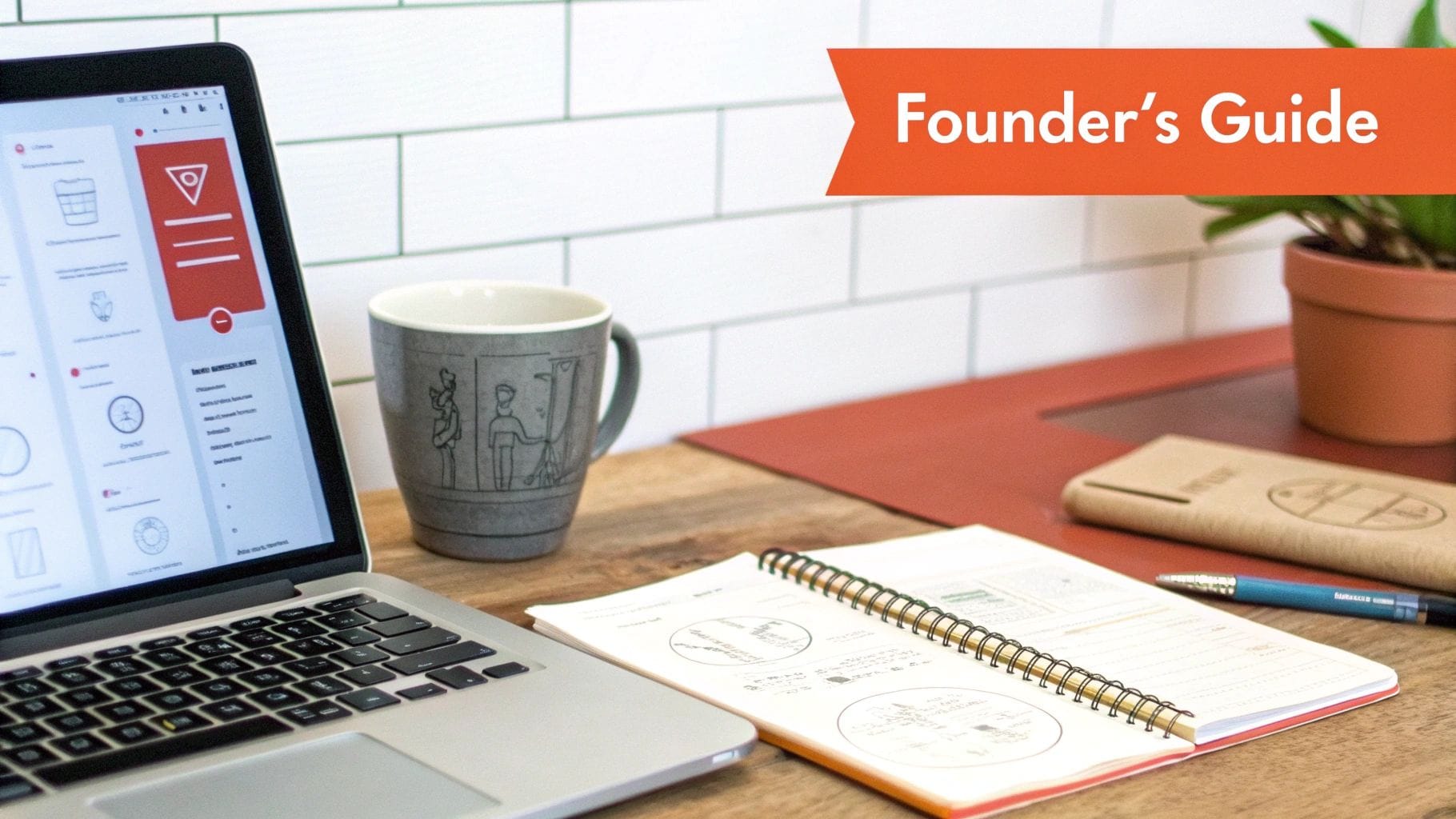 A laptop displays a design interface next to a mug and an open notebook with sketches. A potted plant is visible on a wooden desk, alongside a closed notebook and a pen.