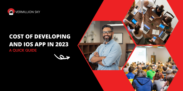 Three images show a smiling man in glasses, a meeting with people using laptops, and a crowd attending a presentation, all related to iOS app development costs in 2023.