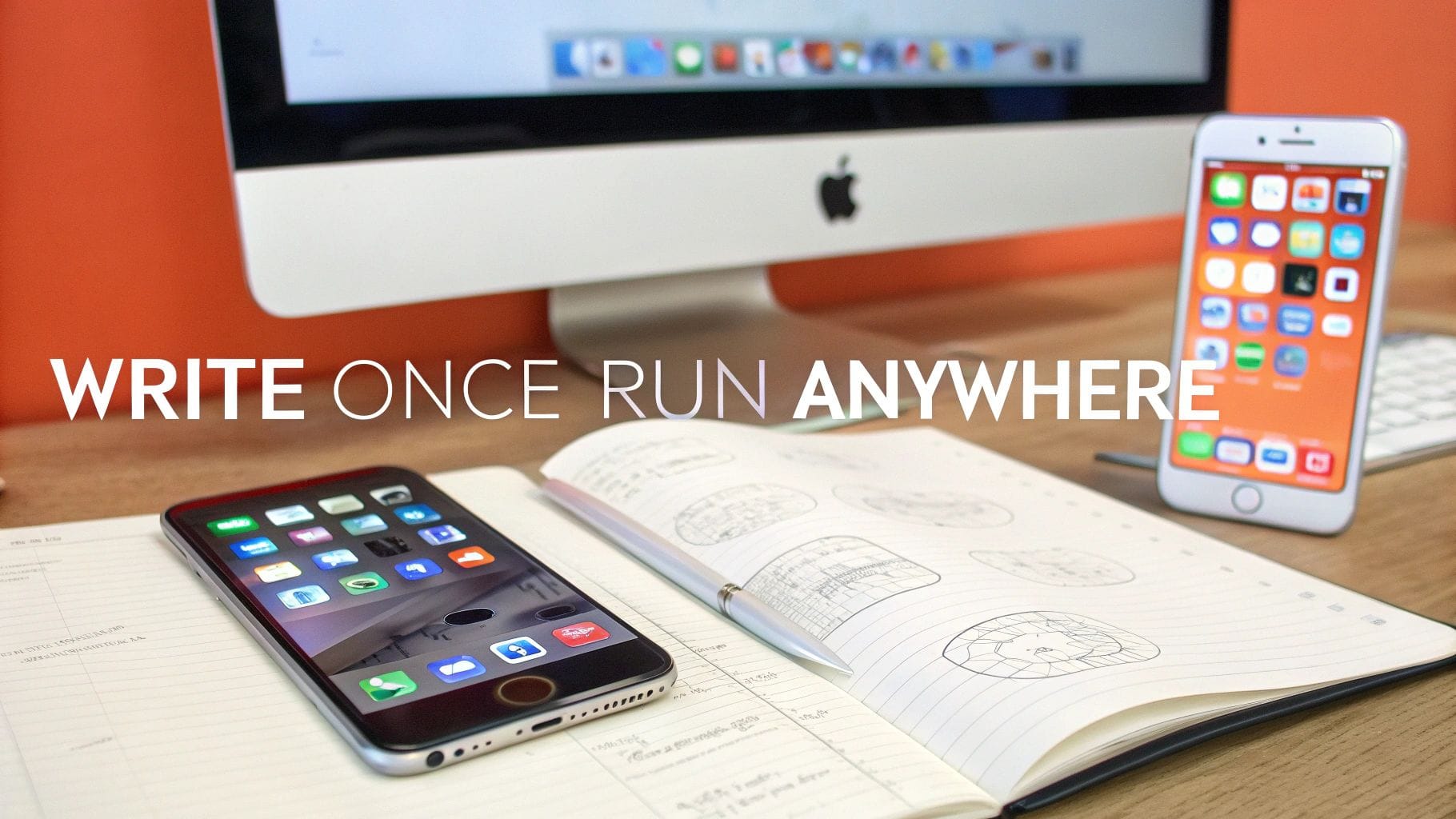 A desktop computer and two smartphones are on a wooden desk. A notebook with sketches is open, and the phrase "WRITE ONCE RUN ANYWHERE" is prominently displayed.
