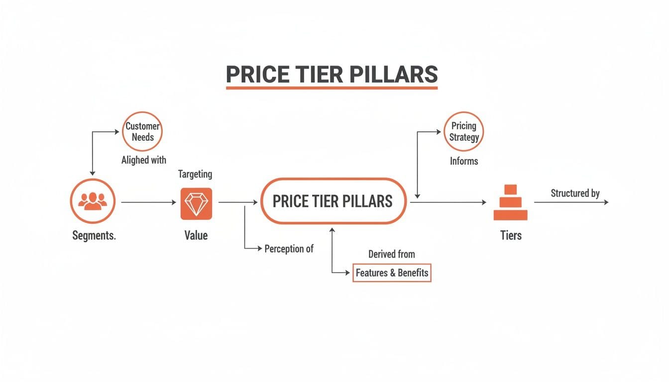 A flowchart illustrating "Price Tier Pillars," showing connections between customer needs, segments, value, pricing strategy, and tiers, with labeled arrows and icons.