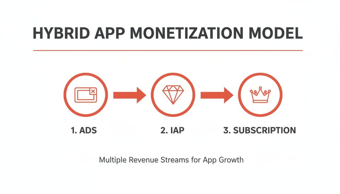 Hybrid app monetization model illustrated with three steps: 1. Ads (showing an ad icon), 2. In-App Purchases (with a diamond icon), and 3. Subscription (depicting a crown icon).