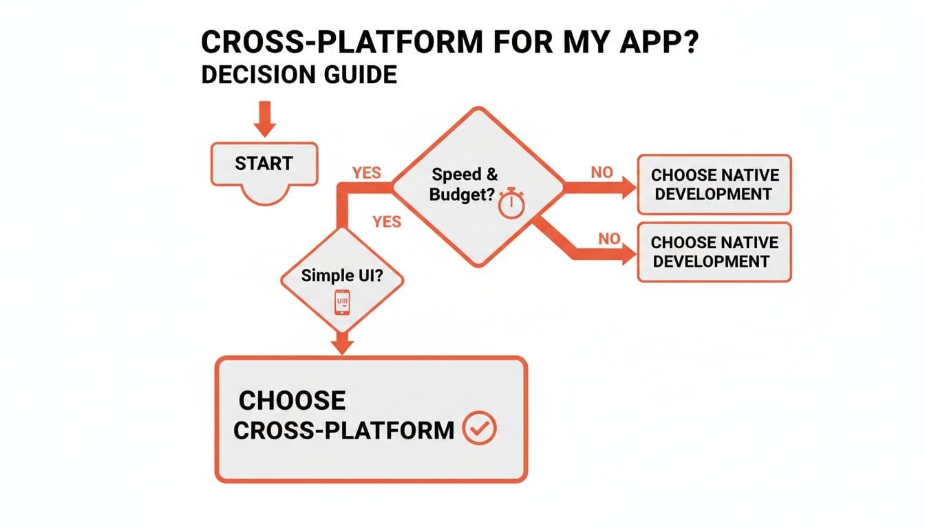 Flowchart titled "Cross-Platform for My App?" outlines decision points including "Speed & Budget?" and "Simple UI?" leading to recommendations for cross-platform or native development.