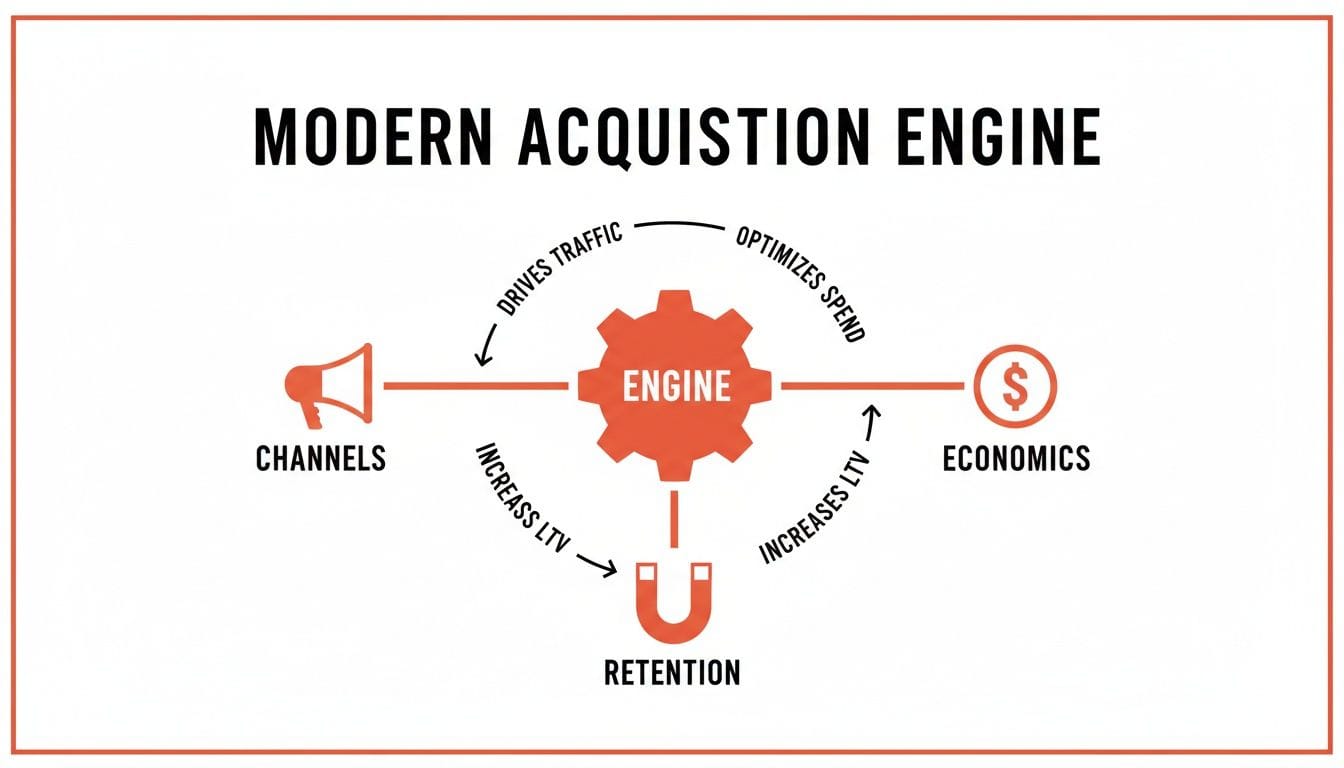Diagram illustrating a modern acquisition engine. It includes labeled arrows connecting "Channels," "Engine," "Retention," and "Economics," highlighting user acquisition processes.