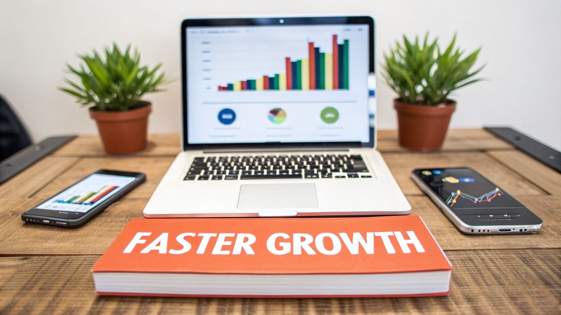 A laptop displaying colorful bar graphs is centered on a wooden table, flanked by potted plants. A book titled "FASTER GROWTH" is open in front, with two smartphones showing graphs nearby.