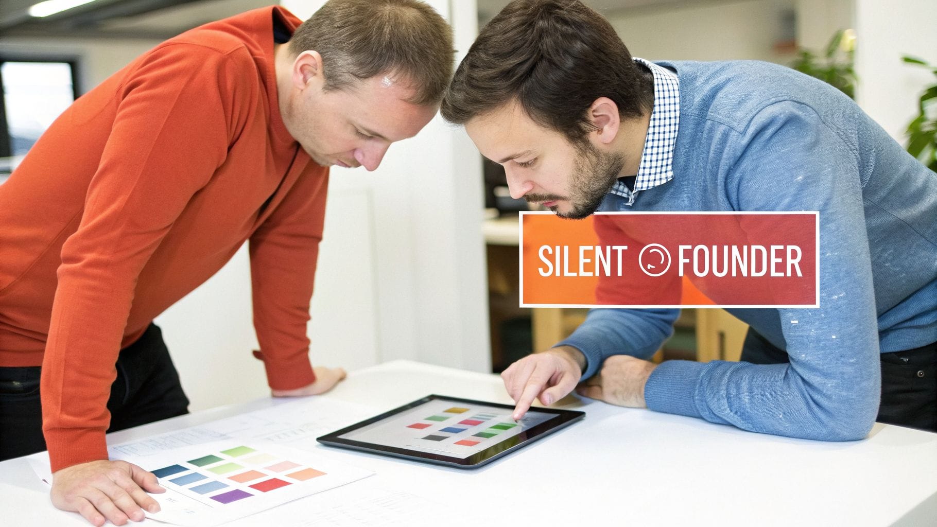Two men in casual attire lean over a table, examining a tablet displaying color swatches. A graphic overlay reads "SILENT FOUNDER.