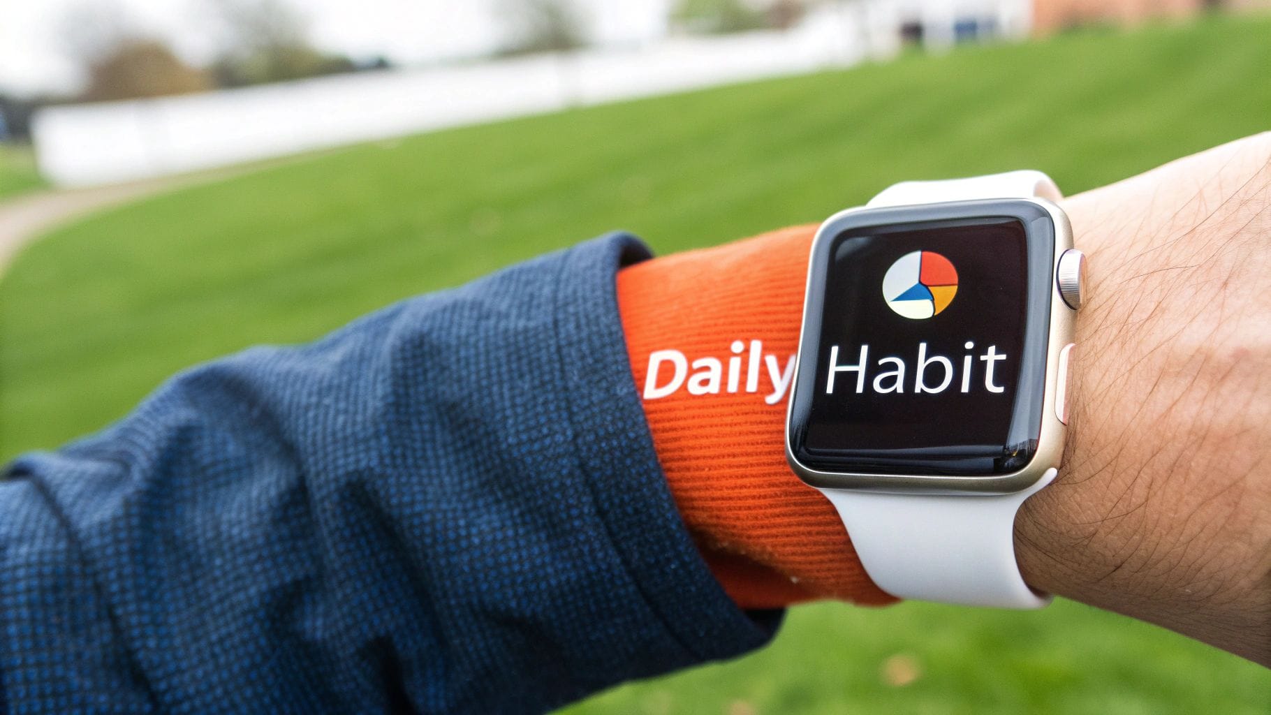 A wristwatch displays the word "Habit" alongside a colorful circular icon, while the wrist is wearing an orange sleeve with the word "Daily" printed on it, set against a green grass backgrou
