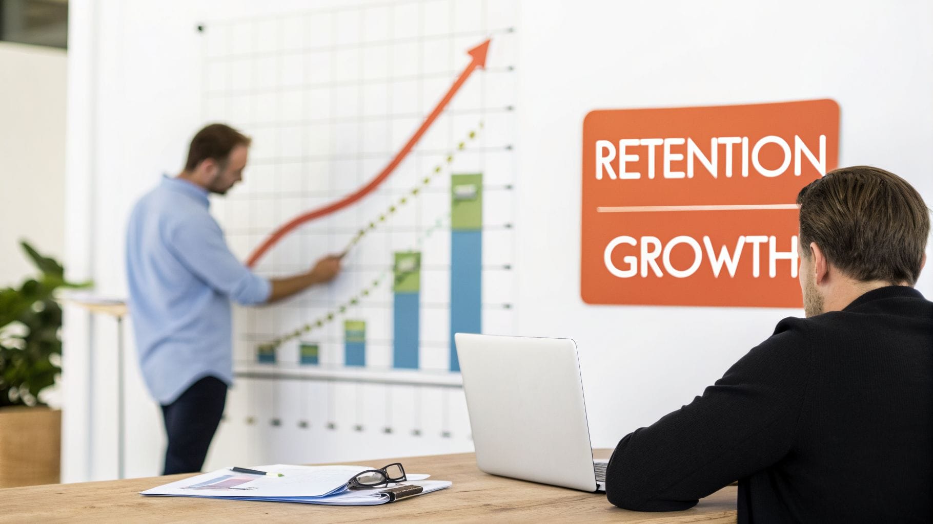 A man in a blue shirt stands near a wall graph, pointing at growth trends. Another man in a black sweater sits at a desk with a laptop, reviewing notes and charts. A sign reads "RETENTION / 