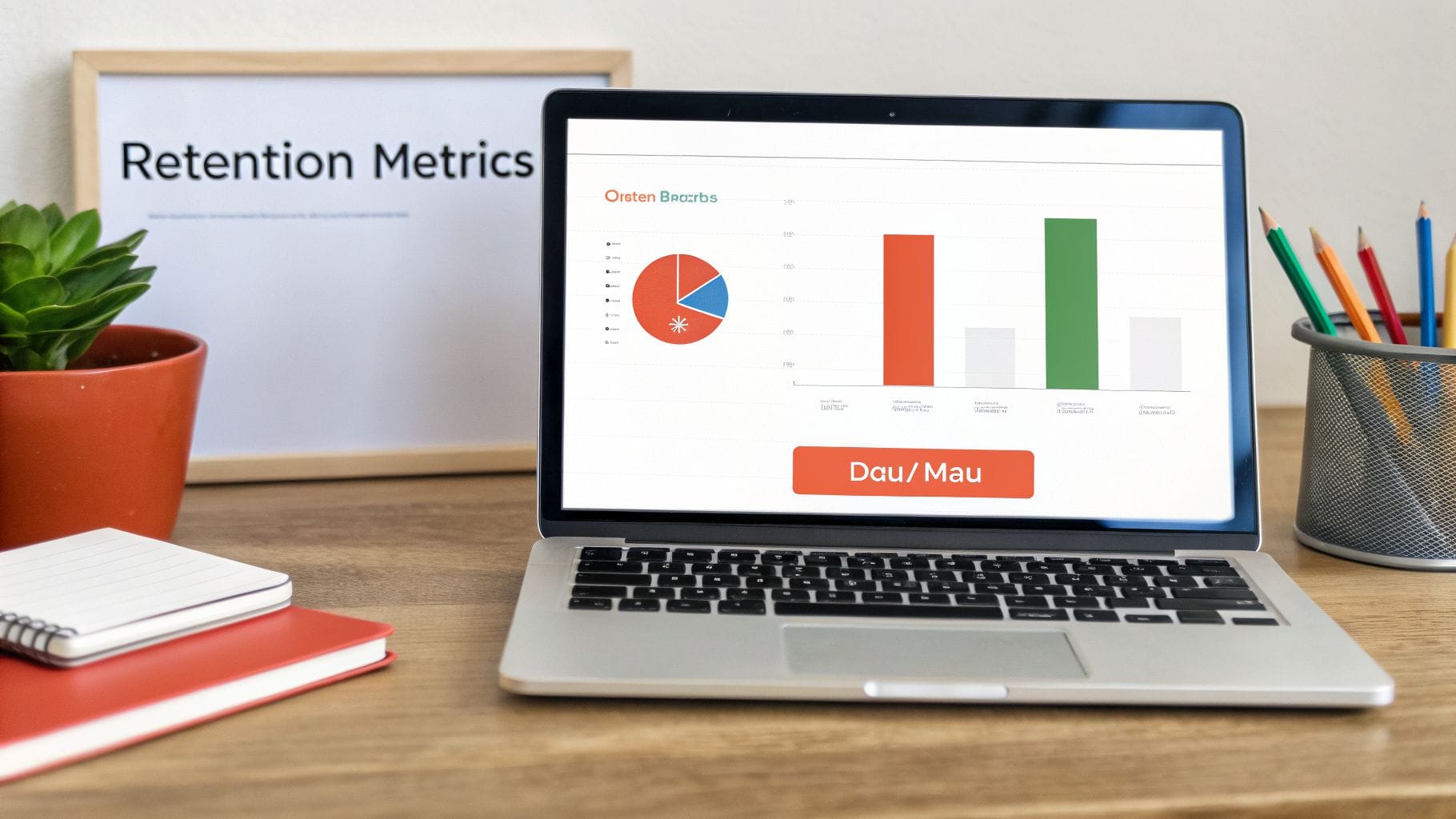 A laptop displaying a chart with a pie graph and bar graph related to retention metrics. A potted plant, a notebook, and colorful pencils are on a wooden desk beside the laptop.
