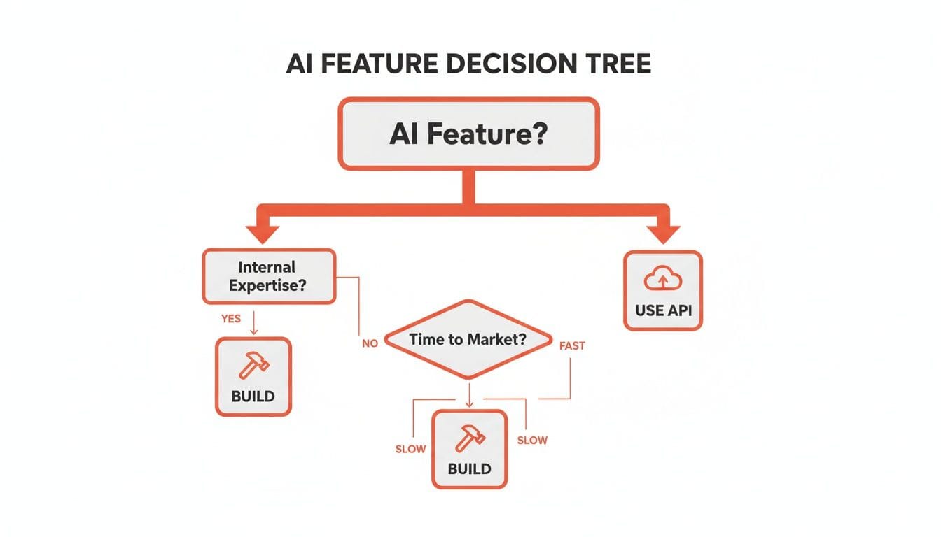 A flowchart titled "AI Feature Decision Tree" with decision nodes on whether to build an AI feature based on internal expertise and time to market, using arrows and icons.