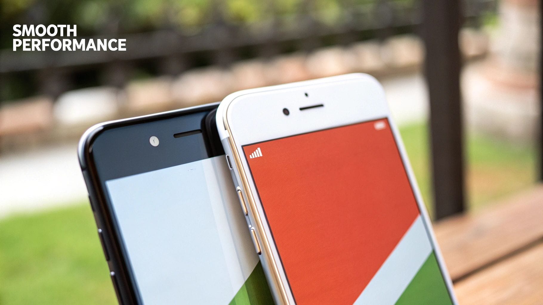 Two smartphones are positioned side by side on a wooden surface, displaying contrasting screens. One phone shows a blue and white design, the other a red, green, and white pattern.