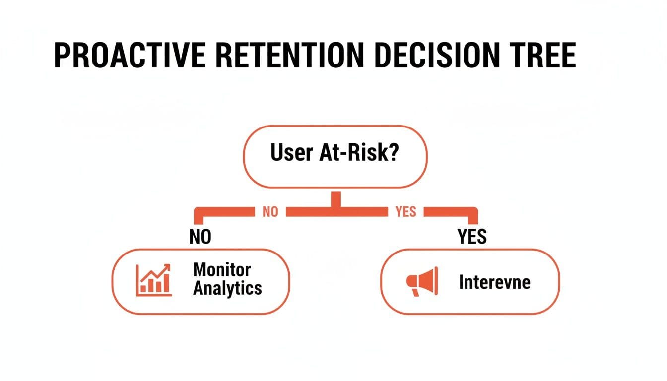 A flowchart titled "Proactive Retention Decision Tree" shows two pathways from "User At-Risk?" leading to "Monitor Analytics" if no, and "Intervene" if yes, with relevant icons.