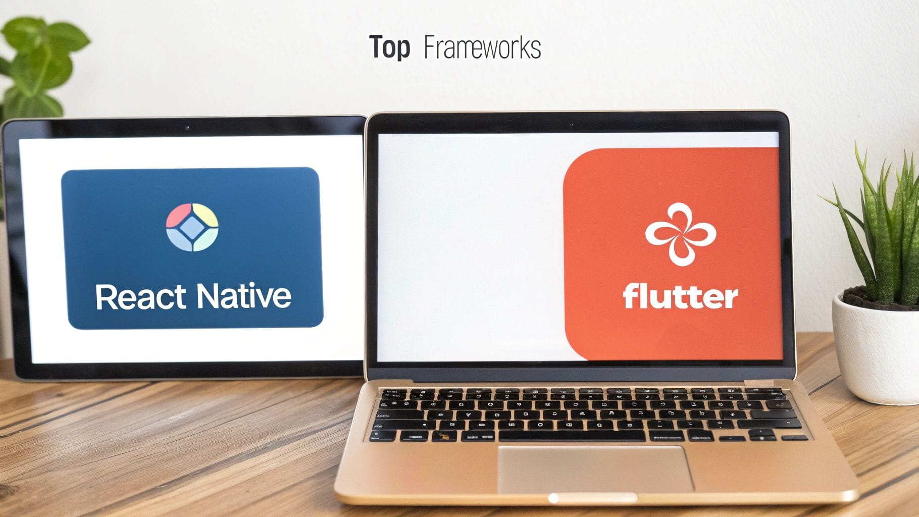 Two laptops on a wooden desk display logos for React Native and Flutter, labeled as "Top Frameworks." A small potted plant is visible beside the laptops.