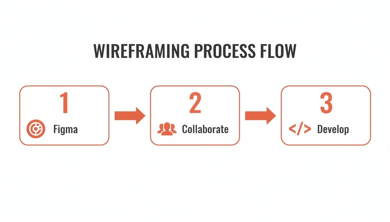 Three-step wireframing process flow: Step 1 shows "Figma" with a design icon, Step 2 has "Collaborate" with people icons, and Step 3 features "Develop" with code brackets.