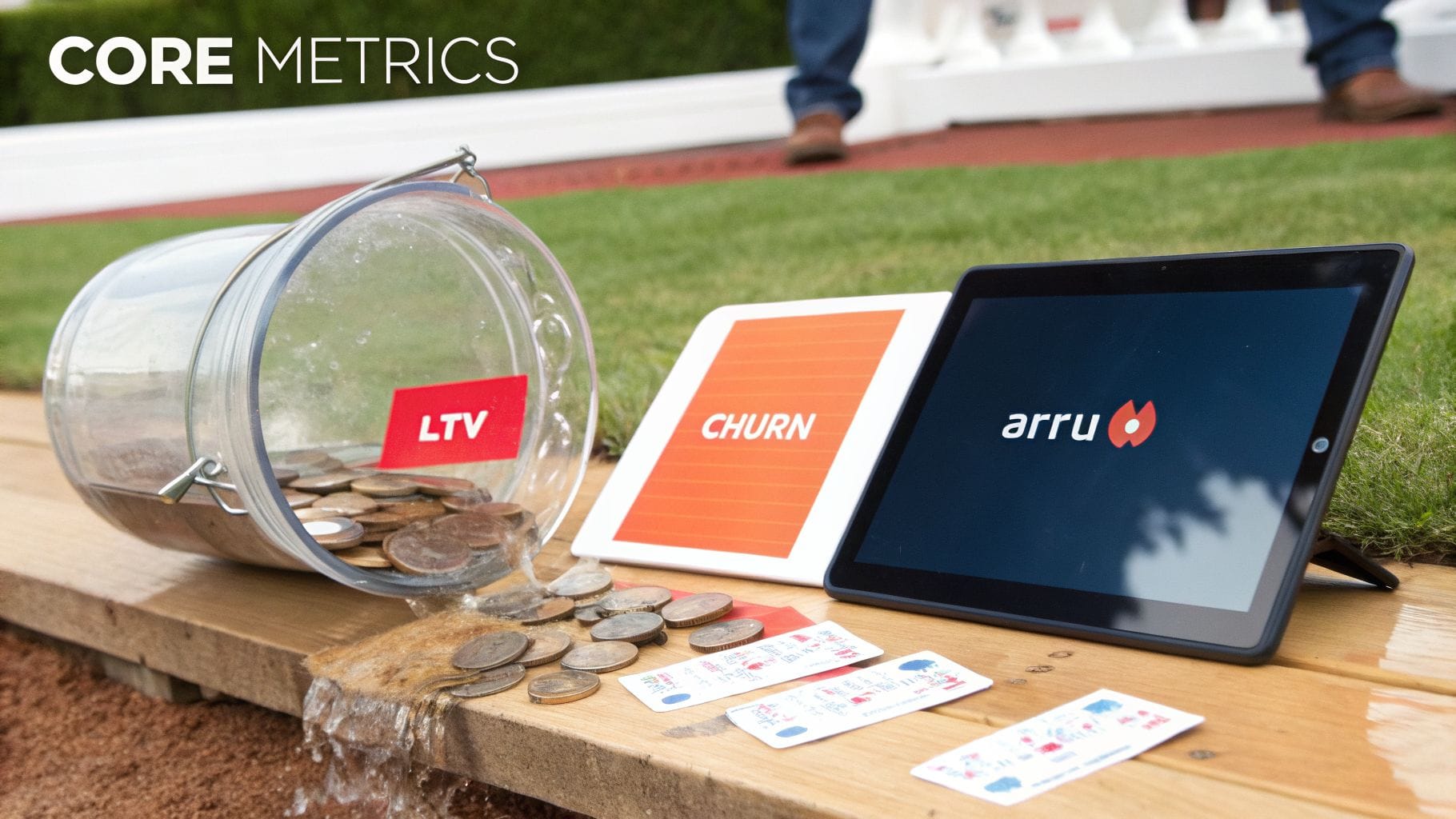 A spilled bucket of coins labeled "LTV" next to two tablets displaying "CHURN" and "arru," with financial documents laid out on wooden ground, surrounded by grass.